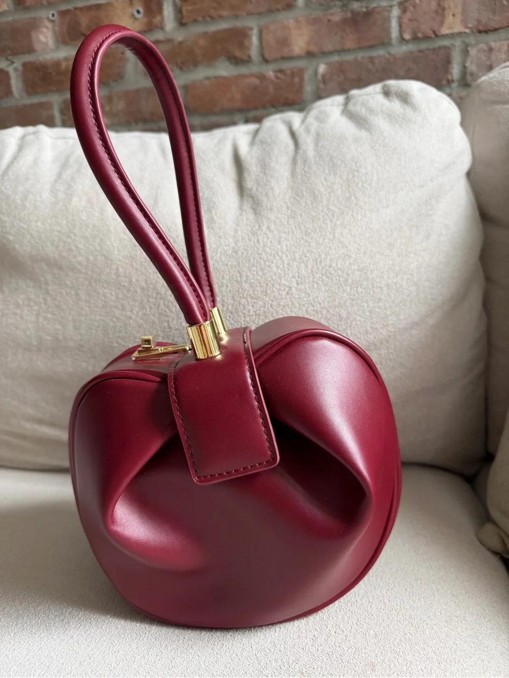 Burgundy Leather Wristlet Bag - Modern Gathered Design